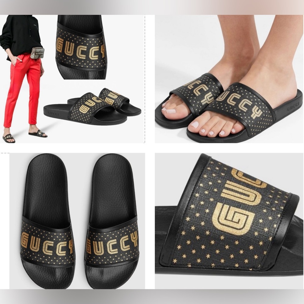 GUCCI “GUCCY” SUPREME CANVAS BLACK WITH SHIMMERING GOLD GLITTER STARS SLIDES